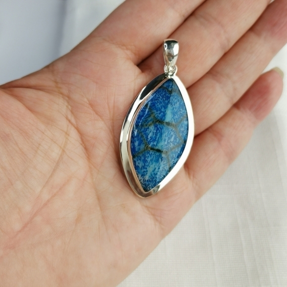 Blue Jasper marquise cabochon sterling silver pendant for necklace 🆕 - Picture 5 of 8
